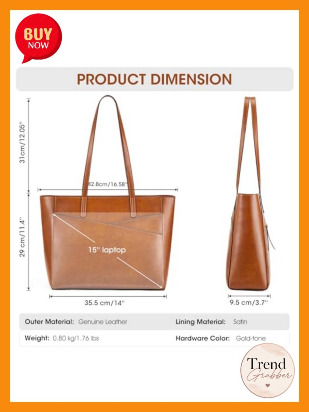 Genuine Leather Laptop Tote Bag Women Work Travel Shoulder Bag